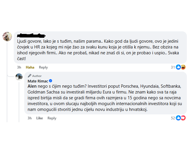 Facebook の新しい投稿で、Mate Rimac が会社の作り方を説明しています