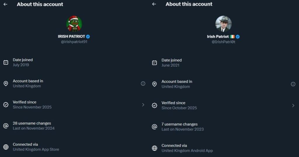 Xの最新アップデートで、「アイルランド愛国者」アカウントのほとんどが英国人であることがバレてしまうのは面白いことだ