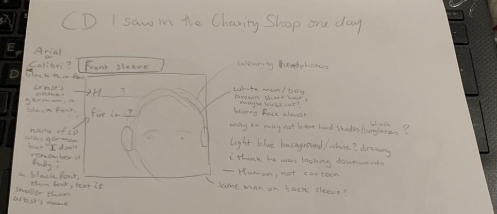 このドイツ語の CD を見つけるのを手伝ってください。記憶を頼りに描けるものを描きました。チャリティーショップや中古ショップで見かけたのですが、次の日行ったら閉店していました…。