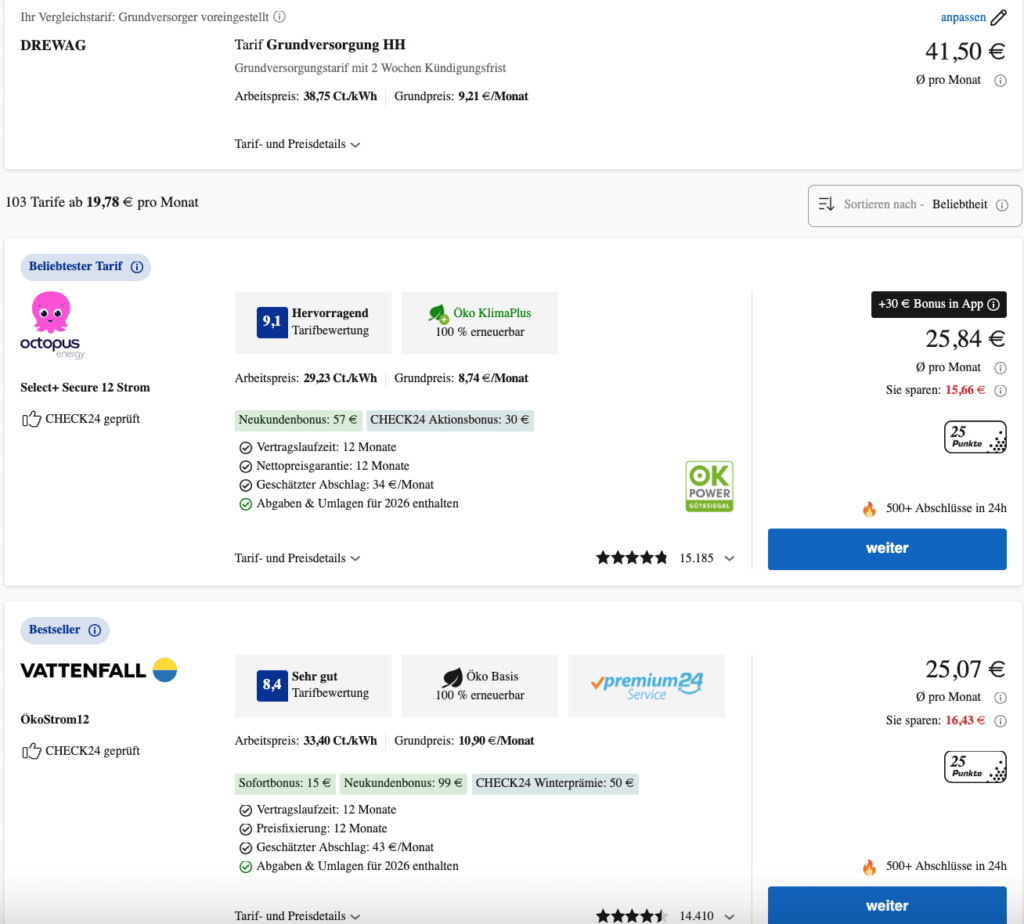 Check24のストロームバートラグ。何を探すべきですか?隠れた手数料？