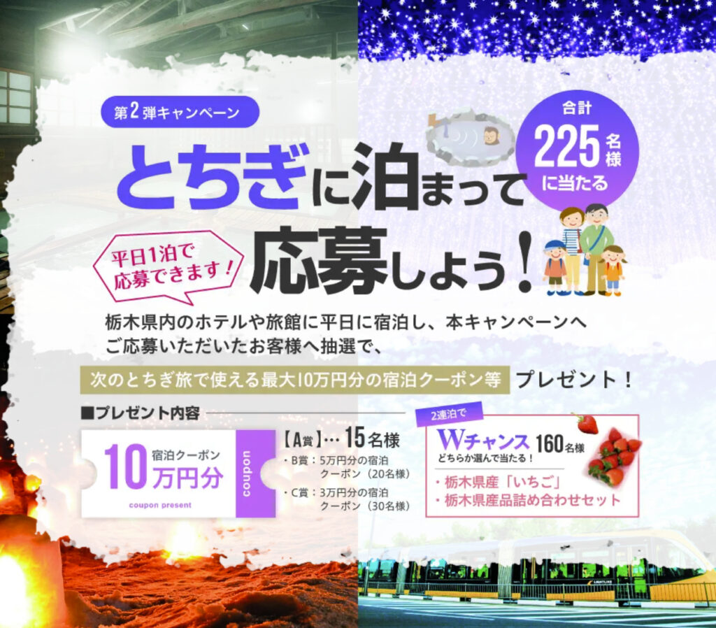 栃木県、平日宿泊で10万円分クーポン抽選プレゼント。1泊から応募OK 「とちぎ旅冬の平日宿泊キャンペーン」第2弾 - トラベル Watch