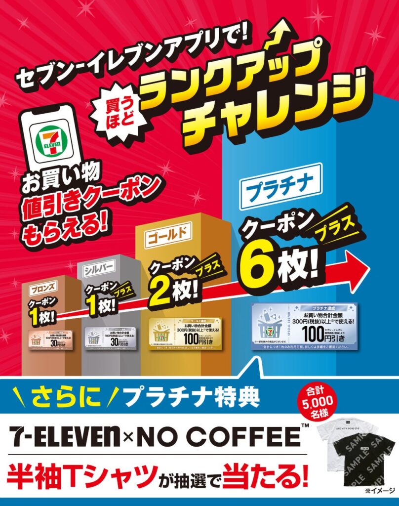 福岡県の人気ショップ「NO COFFEE™」とのコラボTシャツが当たる！セブン‐イレブンアプリで「買うほどランクアップチャレンジ」が12月も開催！ | 株式会社セブン‐イレブン・ジャパンのプレスリリース