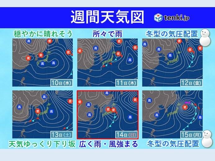 14日(日)は雨・風強まり荒れた天気の可能性