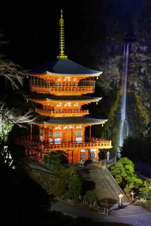 闇に浮かぶ朱色の三重塔　和歌山・那智の滝試験点灯