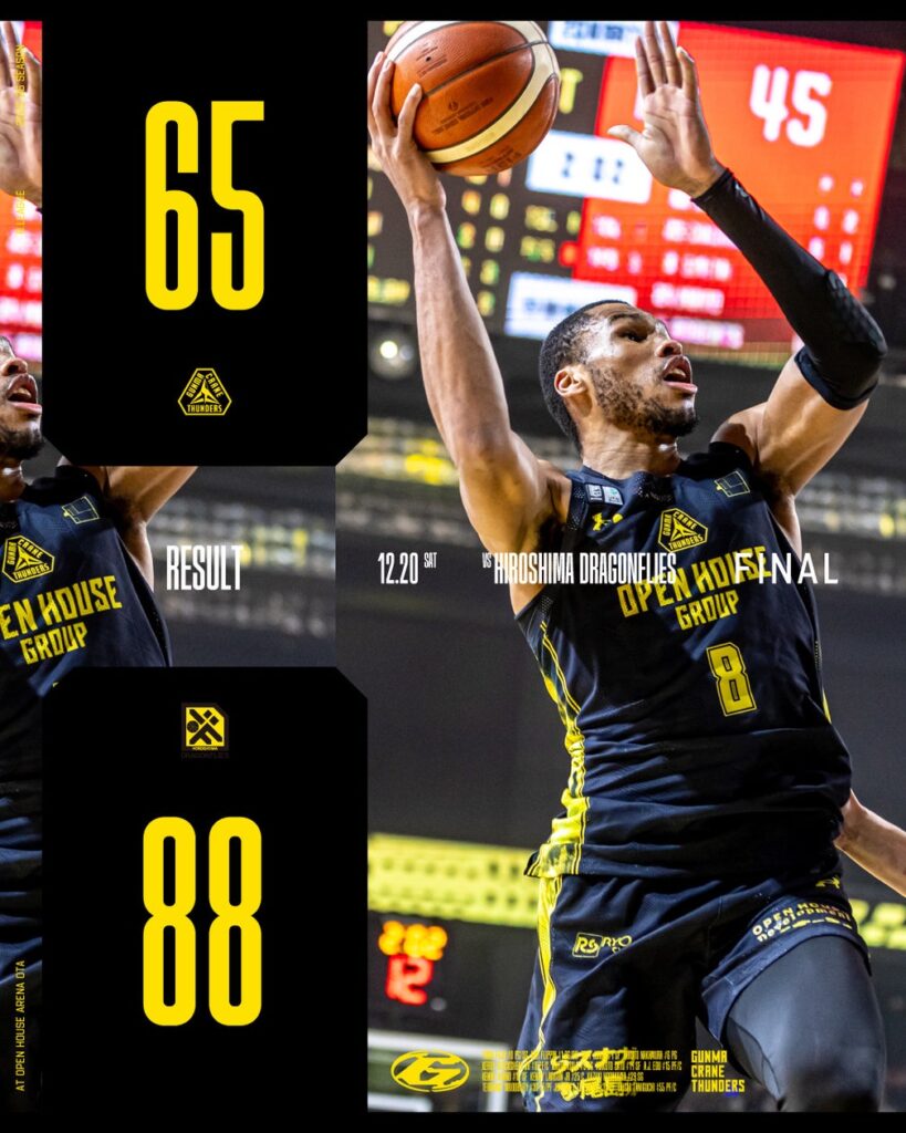 【群馬クレインサンダーズ：試合結果】12/20(土) vs 広島ドラゴンフライズ りそなグループ B.LEAGUE 2025-26シーズン