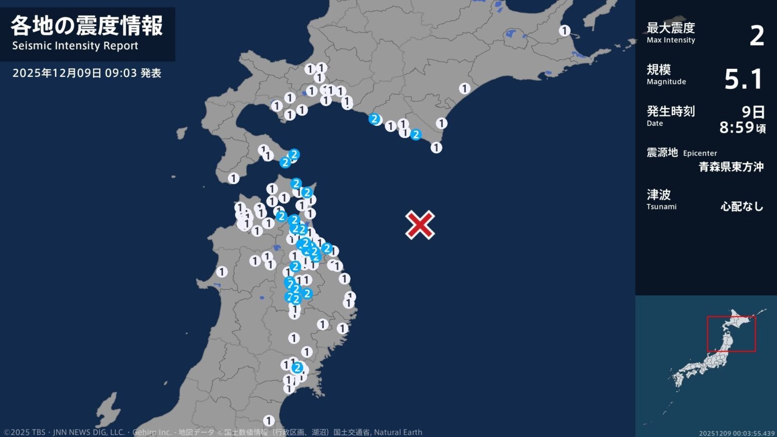 北海道、青森県、岩手県、宮城県で最大震度2の地震　北海道・函館市、新冠町、様似町、青森県・平内町、八戸市（TBS NEWS DIG Powered by JNN）