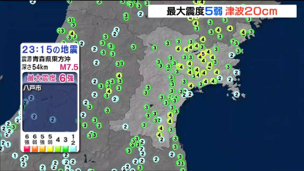 青森県東方沖でM7.5の地震 宮城県で震度5弱　石巻市鮎川と仙台港で20センチの津波を観測（tbc東北放送） - Yahoo!ニュース