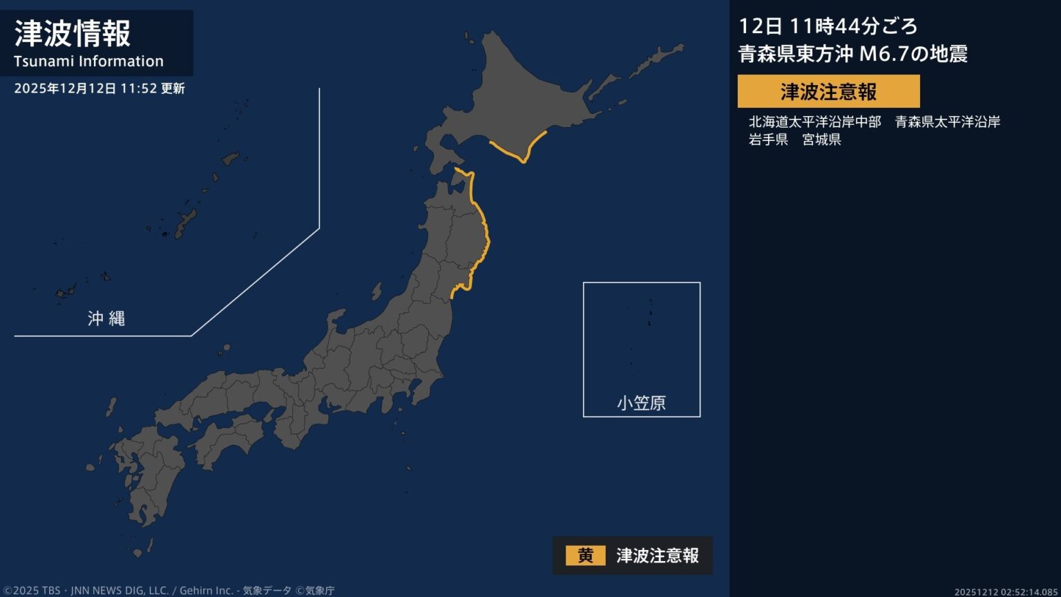 【津波注意報】東北地方太平洋沿岸、北海道太平洋沿岸中部 11:52時点（TBS NEWS DIG Powered by JNN）