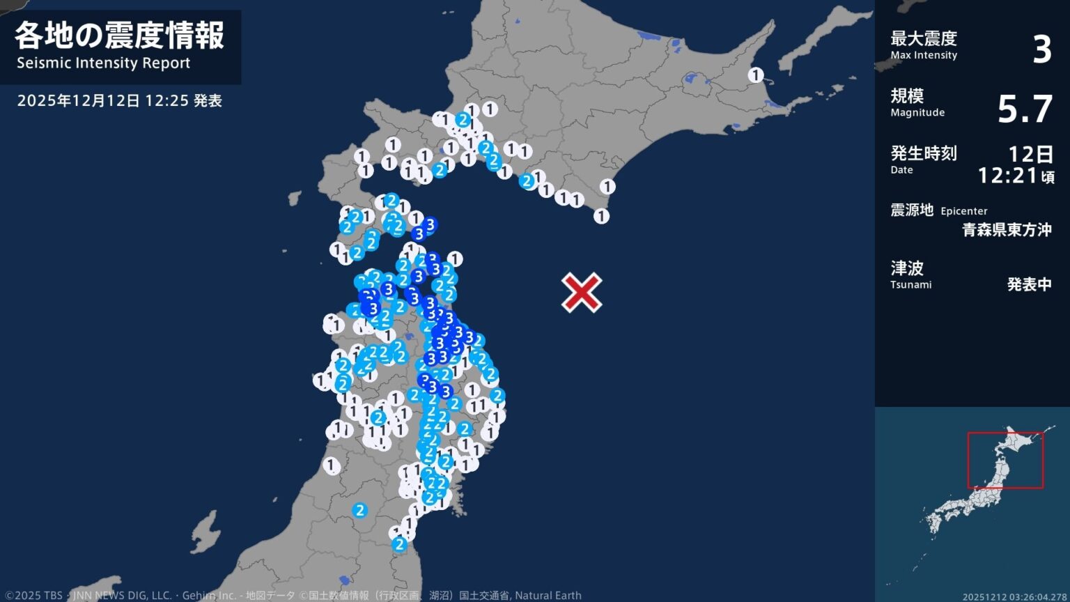北海道、青森県、岩手県で最大震度3の地震　北海道・函館市、青森県・五所川原市、つがる市、平内町、外ヶ浜町（TBS NEWS DIG Powered by JNN）