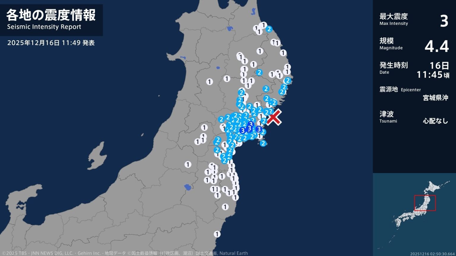 宮城県で最大震度3の地震　宮城県・登米市、涌谷町、石巻市（TBS NEWS DIG Powered by JNN）