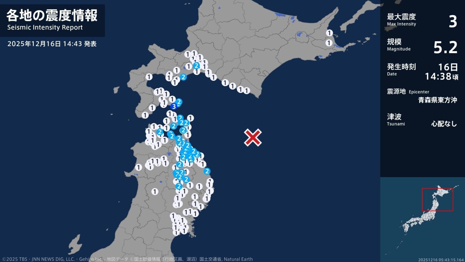 北海道で最大震度3の地震　北海道・函館市（TBS NEWS DIG Powered by JNN）