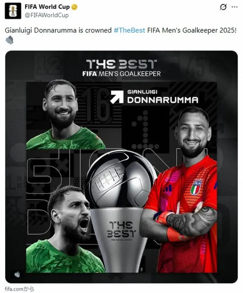 ドンナルンマ　FIFA最優秀GK賞を初受賞　17年ブッフォン以来イタリア代表2人目の快挙 - スポニチ Sponichi Annex サッカー