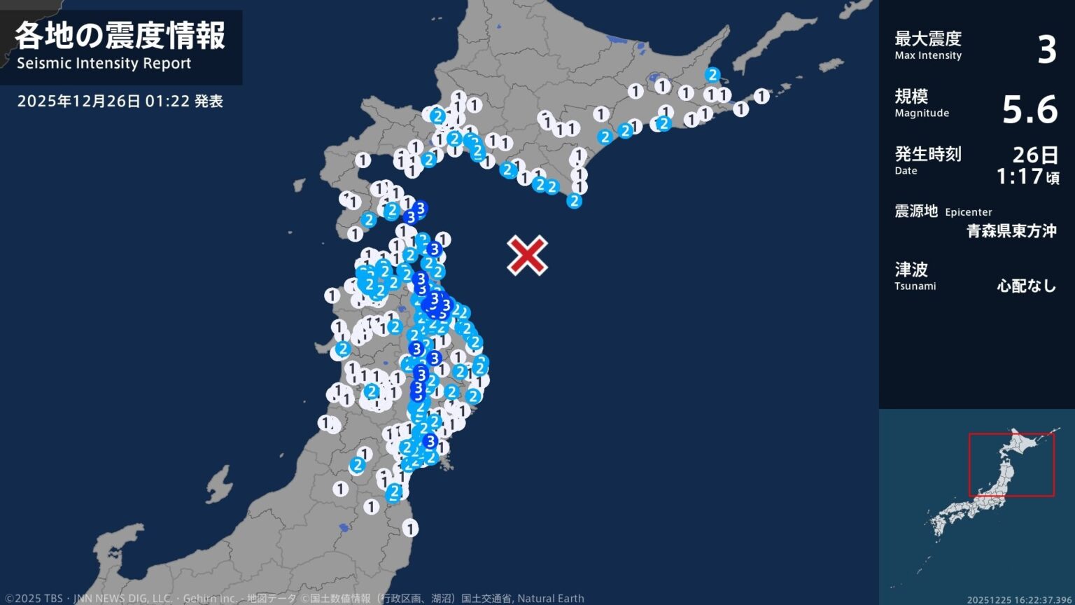 北海道、青森県、岩手県、宮城県で最大震度3の地震　北海道・函館市、青森県・八戸市、野辺地町、七戸町（TBS NEWS DIG Powered by JNN）