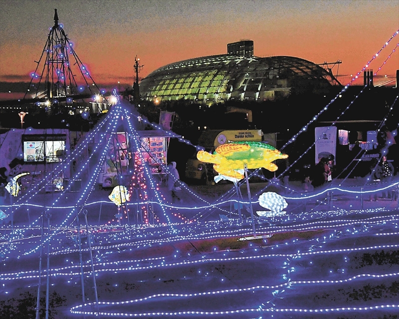 観光客らを魅了する海をイメージしたイルミネーション＝いわき市小名浜