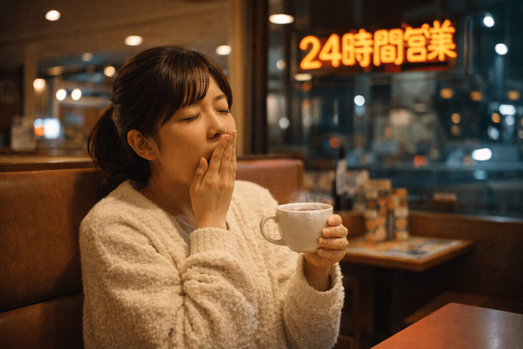 24時間営業のファミレスで温かい飲み物を飲む