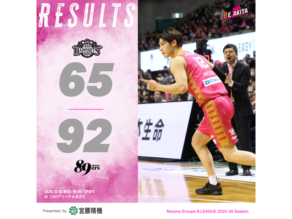 【試合結果】12/10(水)第13節 VS 仙台89ERS@CNAアリーナ☆あきた | 秋田ノーザンハピネッツ 【試合結果】12/10(水)第13節 VS 仙台89ERS@CNAアリーナ☆あきた | 秋田ノーザンハピネッツ