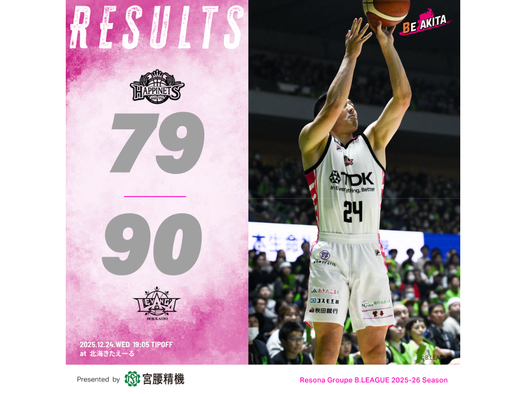 【試合結果】12/24（水）第16節 VS レバンガ北海道@北海きたえーる | 秋田ノーザンハピネッツ
