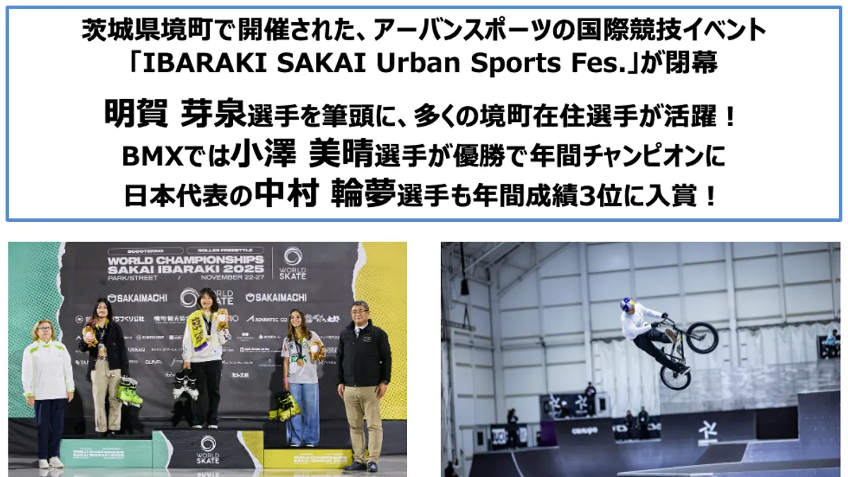 「IBARAKI SAKAI Urban Sports Fes.」が境町で閉幕し、明賀芽泉選手の優勝や中村輪夢選手の年間3位など日本勢が活躍した。（写真/IBARAKI SAKAI Urban Sports Fes.事務局提供）