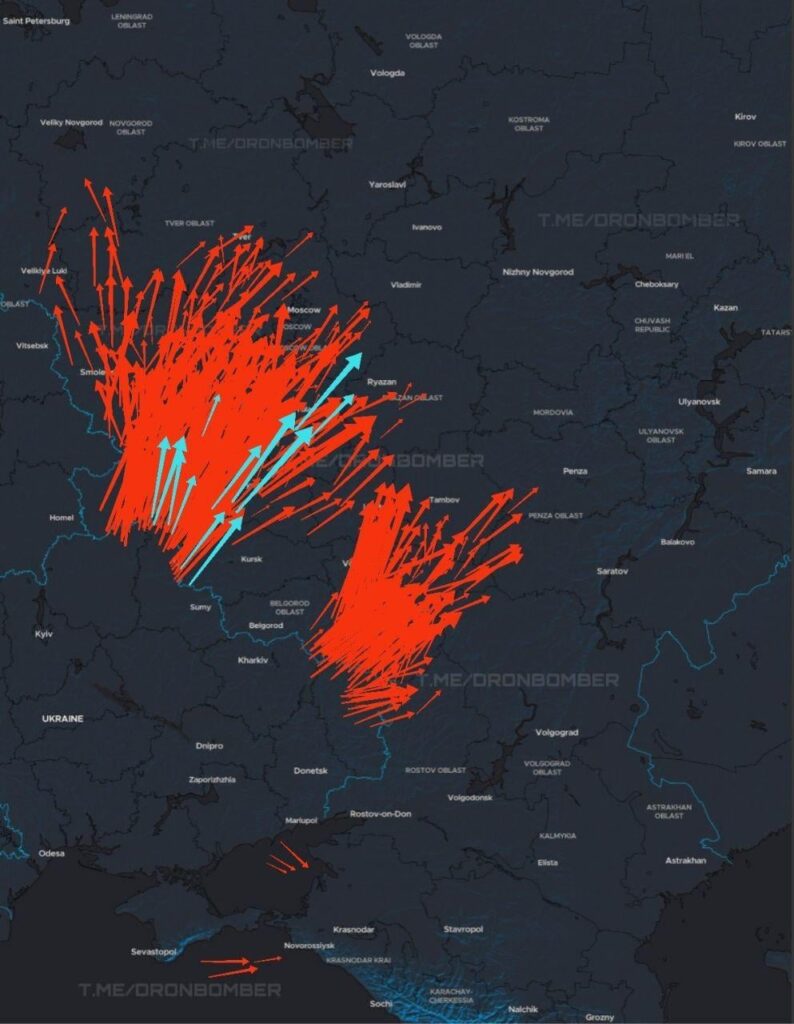ロシアの目標を攻撃するウクライナの無人機のおおよその飛行ルート、今夜は激しいものになる