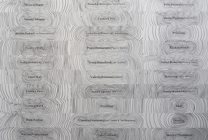 シャーデーほか、見知った名前があちらこちらに。ソニア・ボイス《ディボーショナル・ウォールペーパー・アンド・プラカード》2008-2020年 Courtesy: Middlesbrough Institute of Modern Art 展示風景：「MAMプロジェクト034：ソニア・ボイス」森美術館（東京）2025-2026年© Sonia Boyce. All rights reserved, DACS & JASPAR 2025 G4025