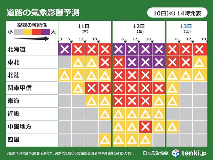 明日11日から12日は北日本を中心に猛吹雪の恐れ 車の立ち往生など交通障害に注意
