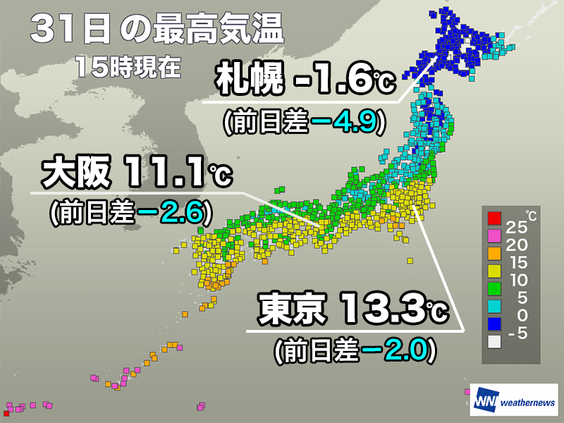冬らしい寒さが戻った大晦日 全国的に昨日よりも気温は低下