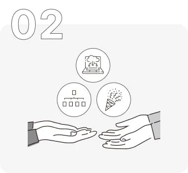 2つの手のイラストと、その上に3つのアイコン(クラウド、表、クラッカー)が配置されたイラスト。