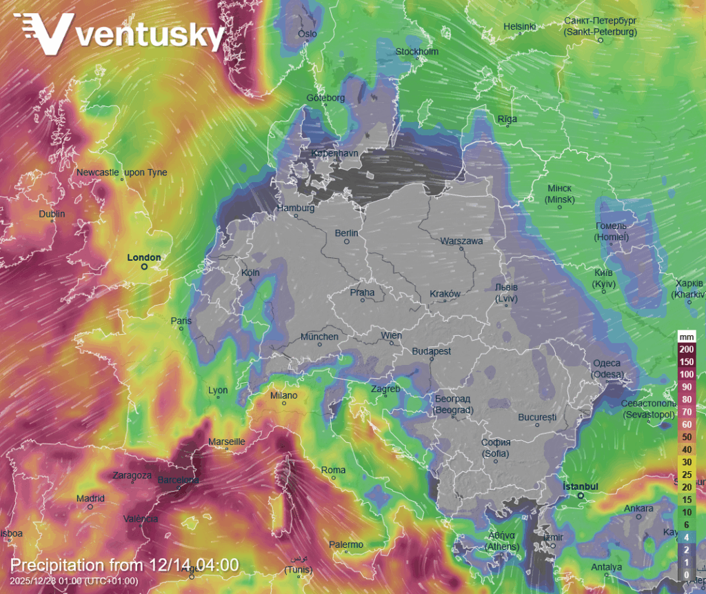 ポーランドでは 12 月末までの降水量が予想されます – 0 に相当します (Ventusky.com)