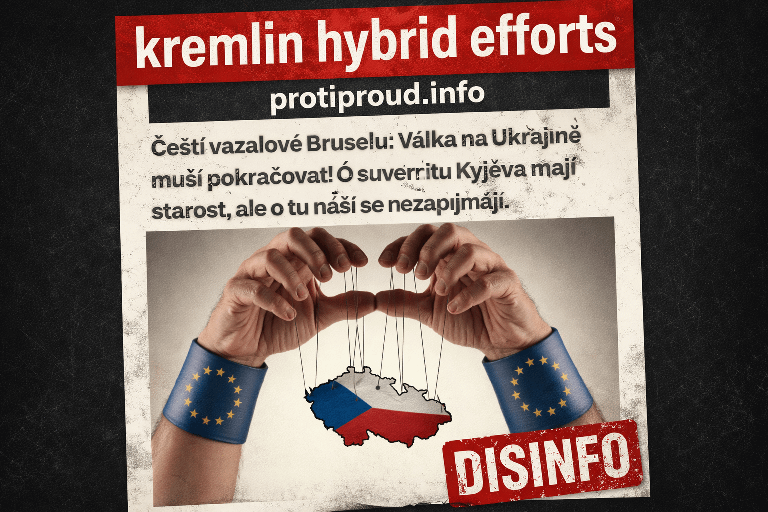 チェコの親クレムリンメディア「Protiproud.Info」は、EUに対するロシアの情報工作を支持し、EUを独裁国家と呼び、和平交渉の文脈でのウクライナ戦争継続の責任をEUにあると非難している。ジャーナリストらは、他のチェコの親ロシア派報道機関の中でそれを特定した。