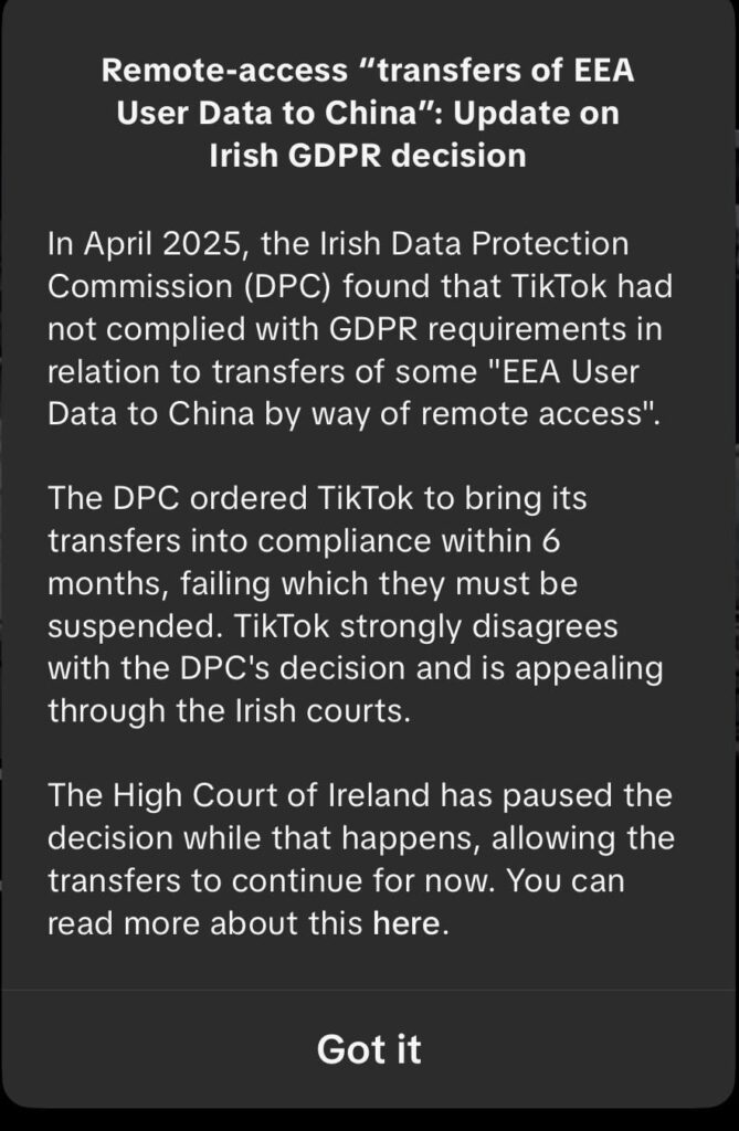 アイルランドデータ保護委員会（DPC）が開始したGDPR申し立てを受けて、EU（ルーマニアも含む）でtiktokへのアクセスが停止される可能性がある