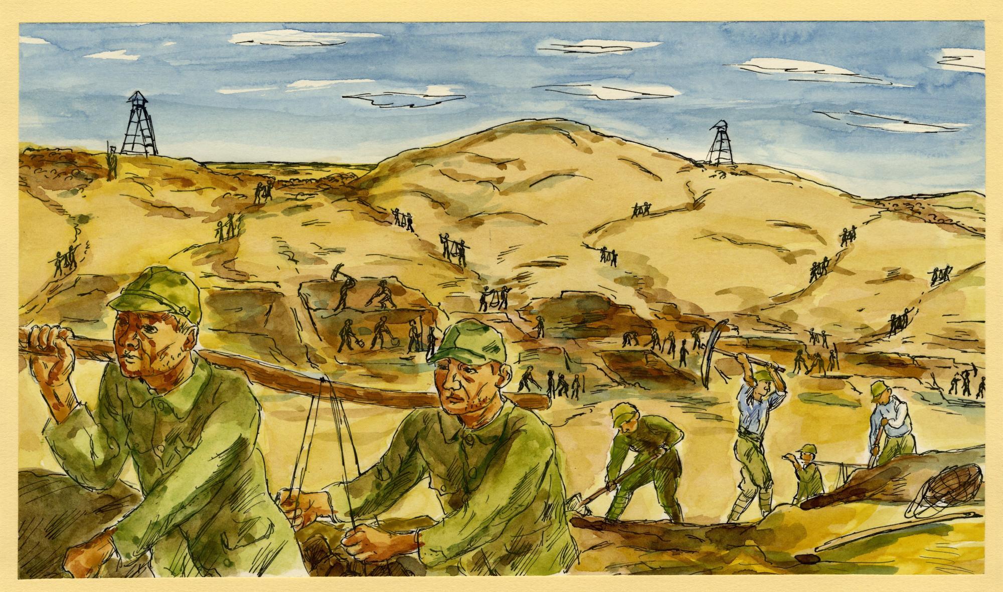 グズイル・オルダ収容所での運河工事　（画（飯野珪次郎『砂に描く』より）