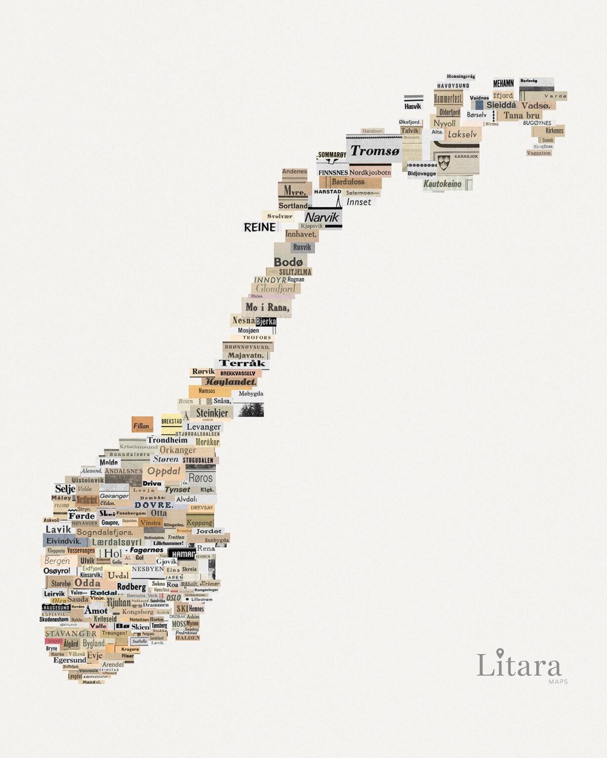 [OC] ヴィンテージの切り抜きを手作業で集めてノルウェーの地図を作成しました