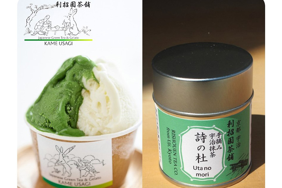 左から『抹茶クリスマス』に登場する「かめうさぎ」のジェラートダブルサイズ（香碧・ミルク1個825円）、「利招園茶舗」の抹茶 詩の杜（30g缶入り4320円）