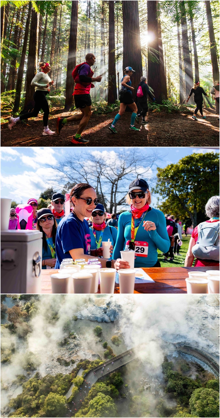 （上から）こんもりとしたレッドウッドの森を走る姿ⓒ_Run The Forest, Rotorua, フィニッシュラインでのお祭り_ⓒ_Run The Forest, Rotorua, ランダーフォレストコース_ⓒ_Run The Forest, Rotorua