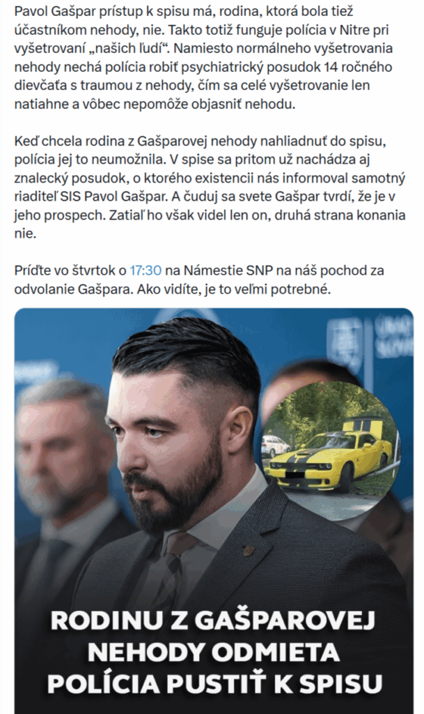 スロバキアの特徴を持つ法治国家？パボル・ガスパールさんはファイルにアクセスできるが、同じく事故に巻き込まれた家族はアクセスできない。これが、ニトラの警察が「私たちの人々」を捜査するときの仕組みです。