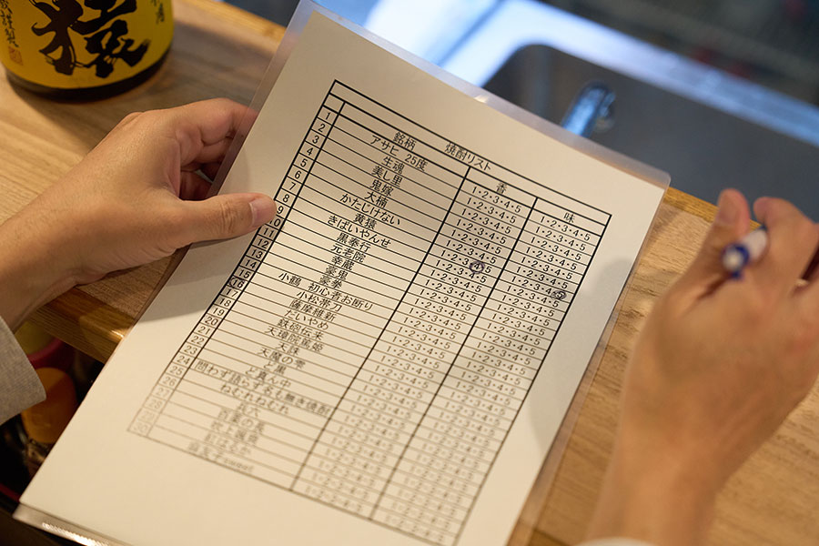焼酎リストに香りや味の好みを書き入れながら飲み比べを楽しむ