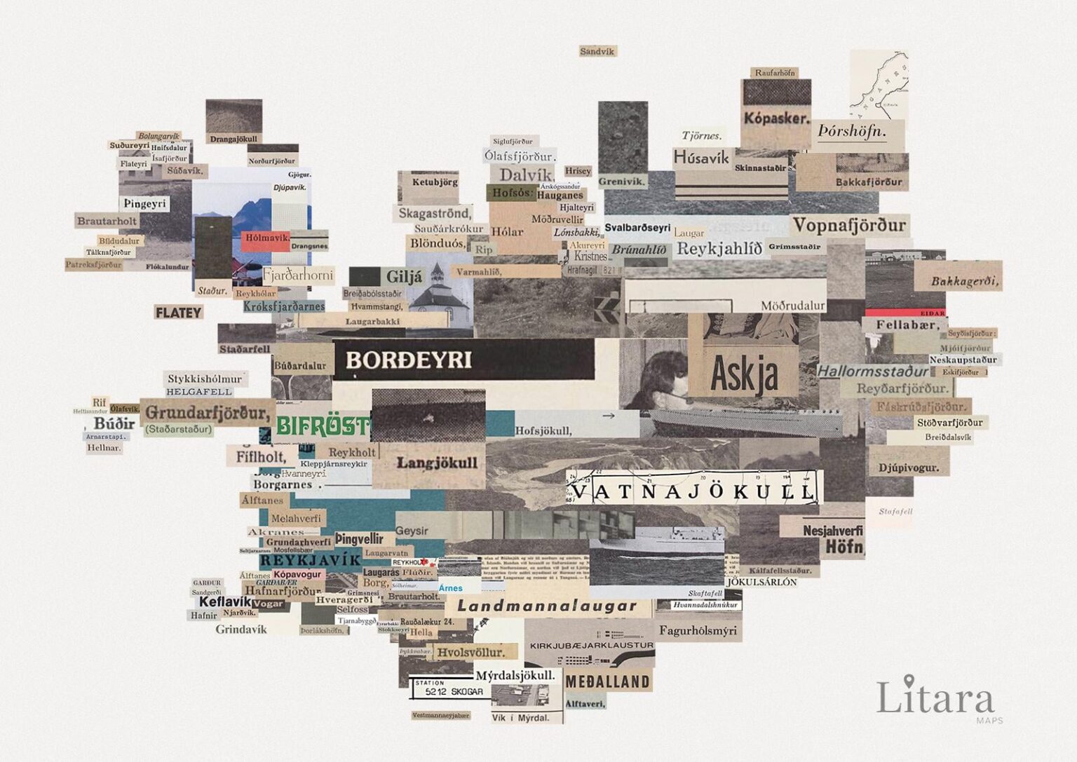 [OC] 古新聞を手作業で集めてアイスランドの地図を作成しました。