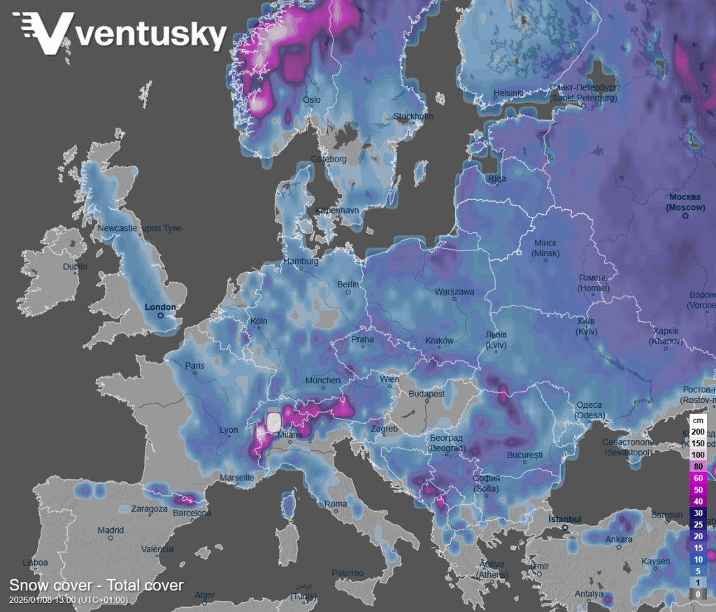 ヨーロッパの ECMWF モデルに基づいて、14 日間のヨーロッパの積雪の深さを予測します。