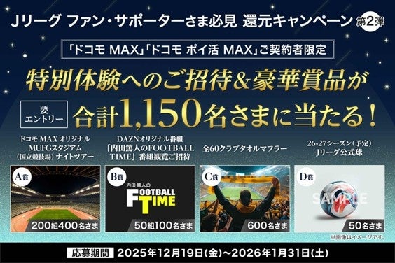 「ドコモ MAX」「ドコモ ポイ活MAX」ご契約のお客さま限定︕MUFGスタジアム（国立競技場）ナイトツアーやDAZNオリジナル番組「内田篤人のFOOTBALL TIME」の番組観覧などが抽選で当たる | 株式会社NTTドコモのプレスリリース
