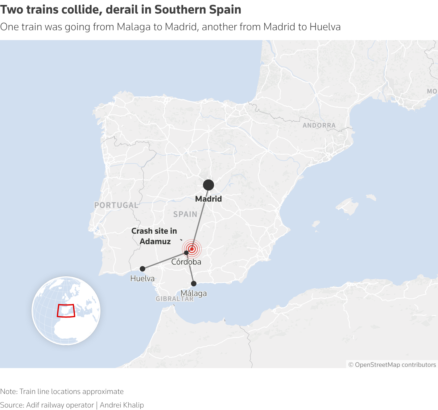 Map of railroad collision in southern Spain
