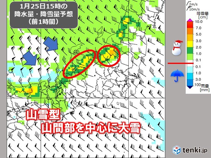 25日(日)日中以降　山雪型へ　平地の降雪ピークは過ぎるも山間部は大雪