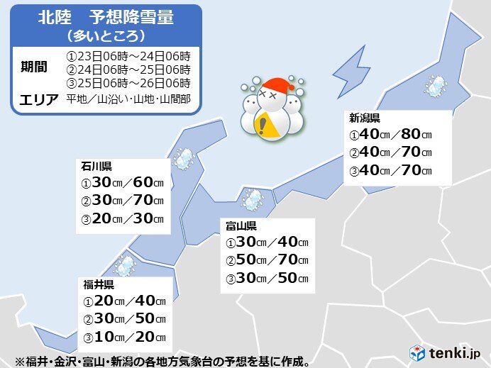予想降雪量　　25日6時までの24時間降雪量は富山県平地で50センチ予想