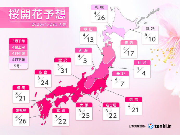 桜開花予想2026年第1回　福岡・東京3月21日で開花トップ　名古屋・高知22日