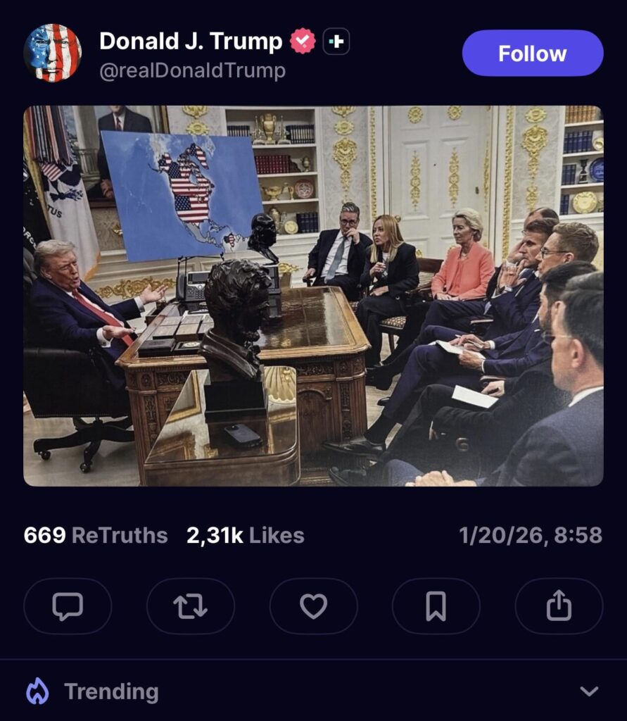 トランプ大統領はカナダ、グリーンランド、ベネズエラを米国に見立てたAI画像をTruth Socialで共有した。