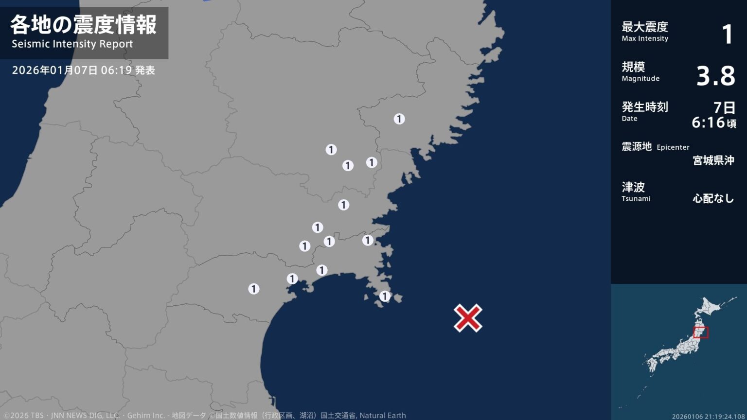 岩手県、宮城県で最大震度1の地震　岩手県・住田町、一関市、宮城県・登米市、涌谷町、仙台泉区、石巻市（TBS NEWS DIG Powered by JNN）