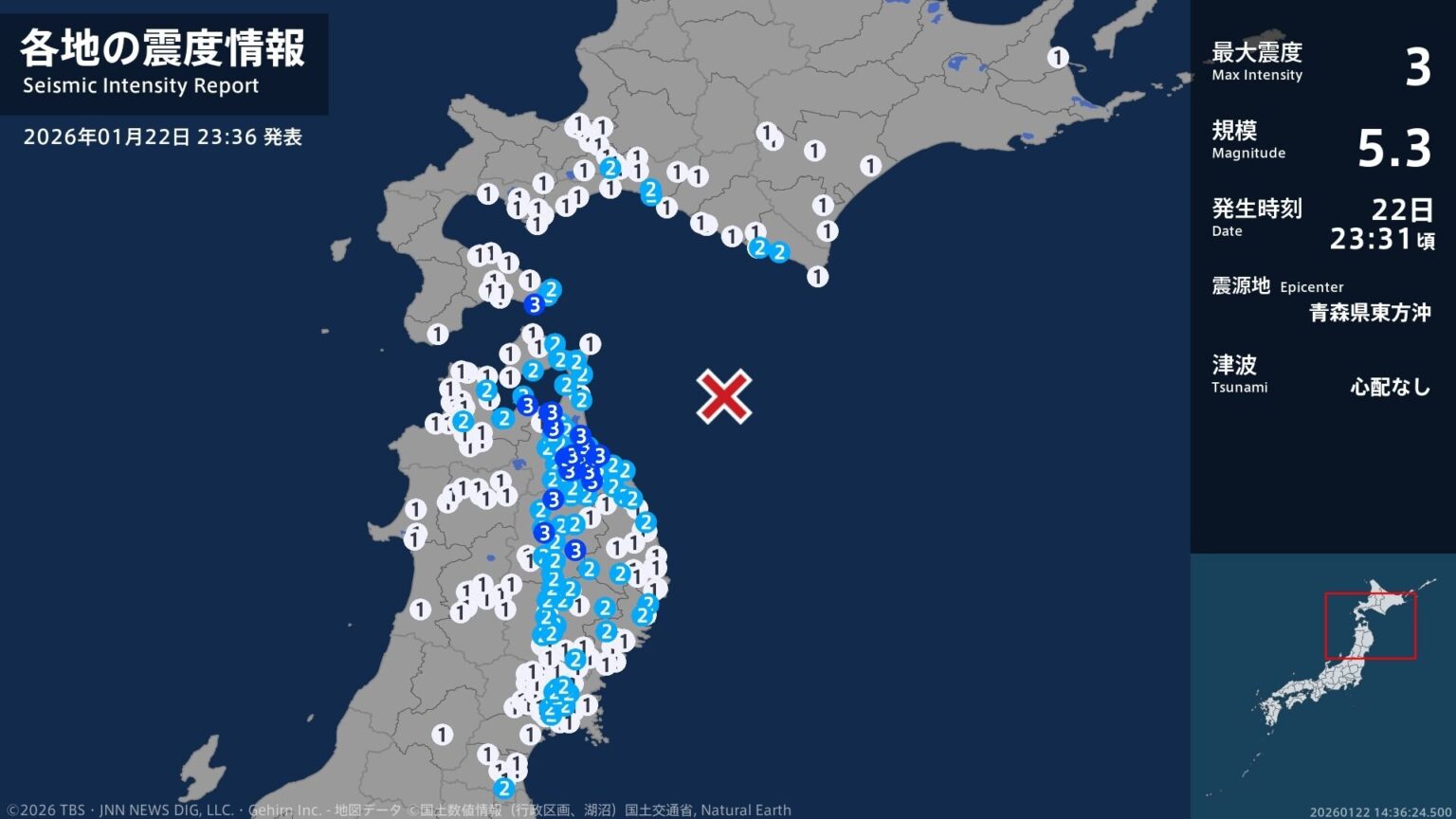 北海道、青森県、岩手県で最大震度3の地震　北海道・函館市、青森県・平内町、八戸市、三沢市、野辺地町（TBS NEWS DIG Powered by JNN）