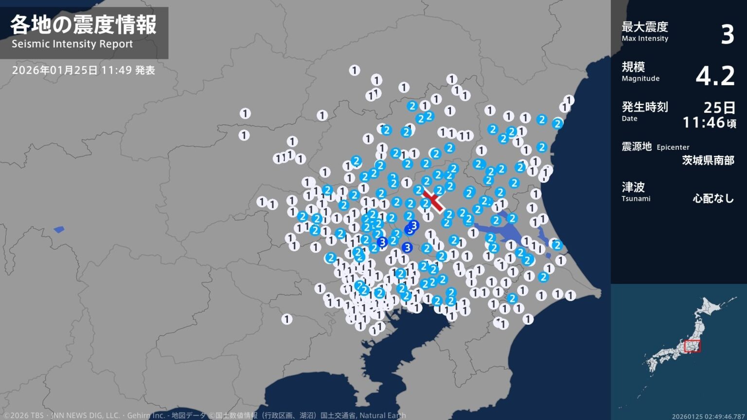 茨城県、埼玉県、千葉県で最大震度3の地震　茨城県・坂東市、埼玉県・春日部市、千葉県・野田市（TBS NEWS DIG Powered by JNN）