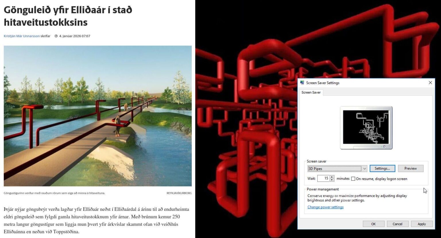 暖房パイプの代わりにエリザ川を渡るハイキングコース