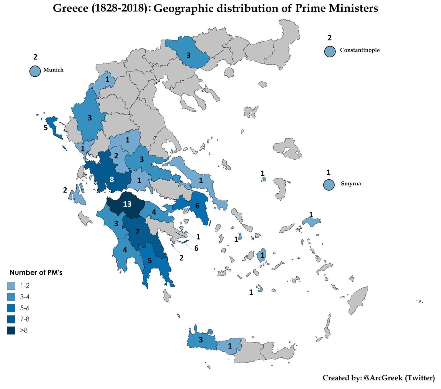 現在のギリシャ首相全員の出身地 (1928-2018)