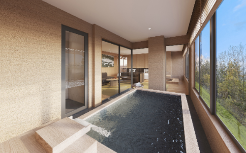 岩手雫石店の客室、40㎡51室のスタンダードタイプと80㎡6室のテラスおよび露天風呂付きの特別室の2タイプで構成